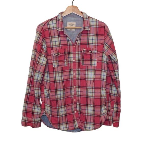 Abercrombie & Fitch Pink White Plaid Cotton Blend Button Down Shirt Women Size M - Picture 1 of 10